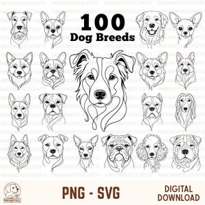 May include: Black and white line art illustrations of 100 dog breeds. The image includes a variety of dog faces, with the text "100 Dog Breeds" in the center. The bottom of the image includes the text "PNG - SVG" and "DIGITAL DOWNLOAD".