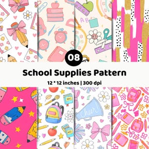 Puede incluir: Una colección digital de ocho patrones sin costuras con útiles escolares como lápices con lazos, libros, mochilas, manzanas, despertadores, tijeras y megáfonos en rosa, amarillo, azul y blanco. El texto dice 08 School Supplies Pattern 12 * 12 inches | 300 dpi.