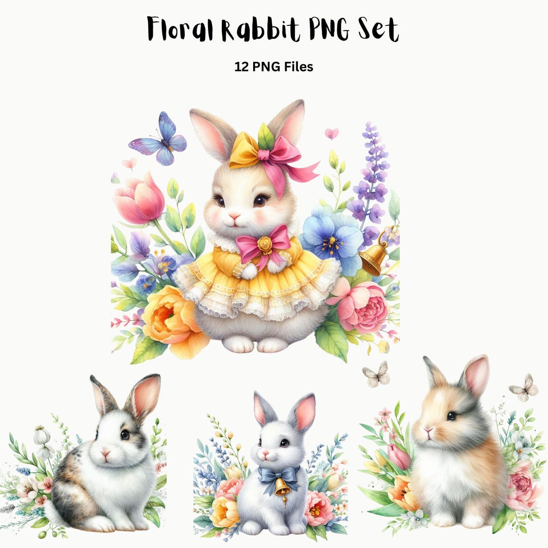 Easter Bunny PNG Set | Floral Rabbit Clipart Spring Garden Bunny ...