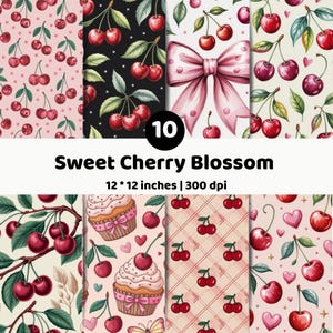 May include: A digital paper set titled Sweet Cherry Blossom featuring 10 patterns with cherries, cupcakes, bows, and hearts in pink, red, and cream colors. The text reads 10 Sweet Cherry Blossom 12 * 12 inches | 300 dpi on a white background.