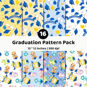 Op de afbeelding: Een digitaal afstudeerpatroonpakket met 16 ontwerpen met blauwe afstudeerhoeden, gele en blauwe ballonnen, diploma's en uilen met brillen en hoeden, met de tekst 16 Graduation Pattern Pack 12 * 12 inches | 300 dpi.