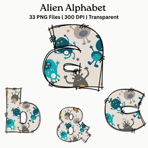 Op de afbeelding: De letters a, b en c, samen met een ampersand, worden weergegeven met een beige achtergrond gevuld met kleine, kleurrijke cartoon-aliens. De tekst Alien Alphabet, 33 PNG Files, 300 DPI en Transparent staat boven de tekens.