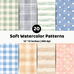 Watercolor Seamless Pattern Bundle | Plaid Stripe Dot Prints | Neutral Soft Digital Paper for Fabric