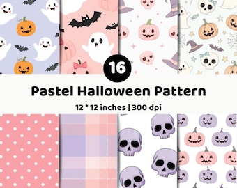 May include: A collection of 16 digital patterns featuring pastel Halloween motifs including ghosts, pumpkins, skulls, bats, and witch hats. The text reads 16 Pastel Halloween Pattern 12 * 12 inches | 300 dpi. The designs include polka dots and plaid.