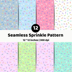 Puede incluir: Una colección digital de 12 patrones de chispas sin costuras con varios fondos pastel y formas de guiones multicolores. El texto dice 12 Seamless Sprinkle Pattern 12 * 12 inches | 300 dpi. Estos diseños gráficos se presentan en una cuadrícula.