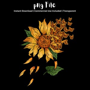 Könnte beinhalten: Eine digitale Illustration einer gelben Sonnenblume mit grünen Blättern auf schwarzem Hintergrund. Die Blütenblätter fallen ab und ein Schwarm orangefarbener Schmetterlinge kommt von der rechten Seite der Sonnenblume hervor. Text lautet png File.