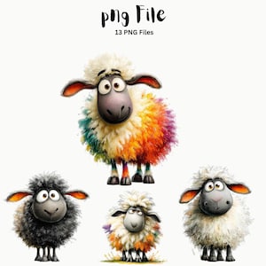 May include: A digital illustration featuring four cartoon sheep. One sheep has colorful rainbow wool, while the others are black, white, and a mix of colors. The text "png File" and "13 PNG Files" is at the top.