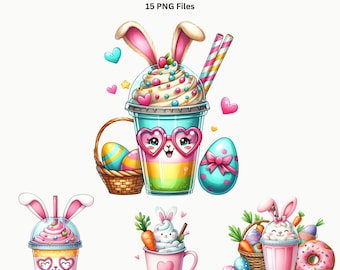 Easter Bunny Drink PNG Set | Milkshake Dessert Rabbit Cup Clipart Spring Graphics