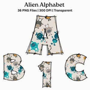 Op de afbeelding: Digitale grafische set getiteld Alien Alphabet met 36 PNG-bestanden op 300 DPI. De letters A, B, 1 en C worden weergegeven met een beige achtergrond gevuld met kleine cartoonmonsters in grijstinten, blauw en oranje, omlijnd in het zwart.