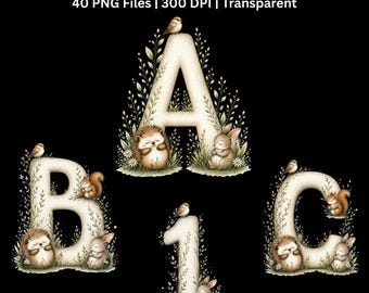 Woodland Alphaet & Number PNG Bundle | Forest Animal Letter Clipart | Nursery Download