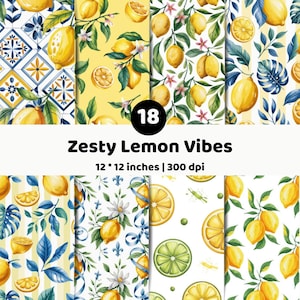 Peut inclure: Une collection numérique de 18 motifs avec des citrons jaunes, des feuilles vertes, des fleurs blanches et des accents bleus. L'ensemble inclut des motifs de tuiles, des rayures et des illustrations de fruits, titré Zesty Lemon Vibes, 12 * 12 inches | 300 dpi.