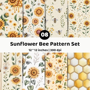 Op de afbeelding: Een digitale patroonset getiteld 08 Sunflower Bee Pattern Set, 12 * 12 inches | 300 dpi. De collectie bevat diverse illustraties van gele zonnebloemen, honingbijen, groene bladeren en gouden honingraatpatronen op een lichte achtergrond.