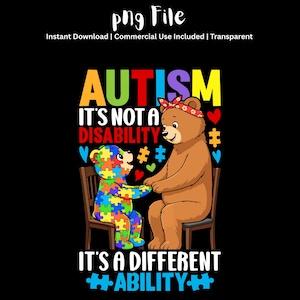 Op de afbeelding: Een digitaal grafisch ontwerp met twee bruine beren die op houten stoelen zitten. De ene beer is bedekt met een kleurrijk puzzelstukjespatroon, terwijl de andere een rode bloemenhoofdband draagt. Tekst: AUTISM IT'S NOT A DISABILITY IT'S A DIFFERENT ABILITY.