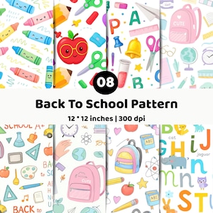 May include: A digital paper set featuring a Back To School pattern with school supplies like crayons, apples, backpacks, scissors, and alphabet letters. The image includes the text 08, Back To School Pattern, and 12 * 12 inches | 300 dpi.