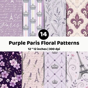 Lila Paris digitalt papper | Blommiga bakgrunder med Eiffeltornet | Lavendel damastmönster