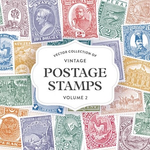 Könnte beinhalten: Eine Sammlung von Vintage-Briefmarken in verschiedenen Farben, darunter Rot, Blau, Grün und Gelb. Die Briefmarken zeigen Porträts, historische Szenen und Text. Ein weißes Schild in der Mitte lautet "Vector Collection of Vintage Postage Stamps Volume 2."