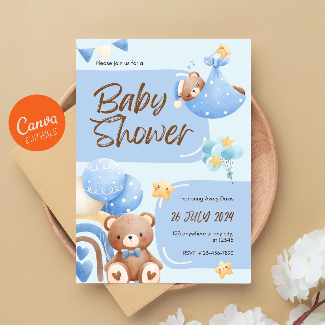Blue Teddy Bear Baby Shower Invitation Template | Editable Boy Shower ...