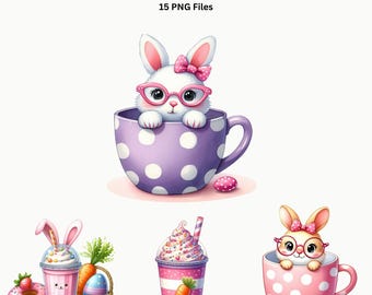 Easter Drink PNG Set | Bunny Coffee Cup Clipart Pastel Dessert Beverage Graphics