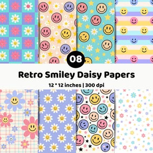 Smiley Face Digital Papers | Retro Daisy Pattern Background | Groovy Pastel Scrapbook Bundle PNG