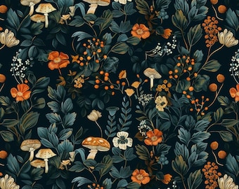 Floral Mushroom  Printed Cotton Fabric-Mushroom Pattern Fabric Handmade DIY Sold by 1/2 yard