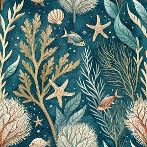 May include: A seamless pattern featuring a deep teal background with illustrations of beige coral, various starfish, small fish, and light blue aquatic leaves. The design includes scattered white bubbles and intricate marine life details.