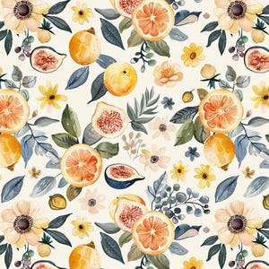 Peut inclure: Motif aquarelle avec des oranges coupées, des figues et des fleurs jaunes sur fond crème. Le motif comprend de petites baies bleues et des accents floraux délicats, créant un thème botanique vibrant.