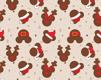 May include: A repeating pattern featuring brown Mickey Mouse-shaped heads with various Christmas-themed designs. Some are reindeer, others wear Santa hats, and some have belts. The background is a light beige with small stars.