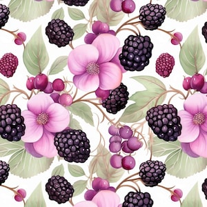 May include: A seamless pattern featuring watercolour illustrations of blackberries, pink flowers, and purple berries on a white background. The design includes green leaves and brown stems, creating a natural, botanical theme.