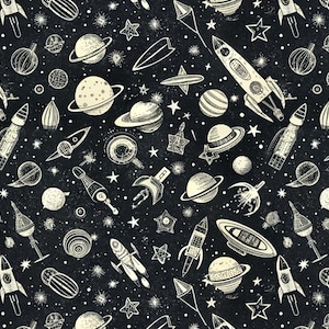 May include: A black and white space-themed pattern with rockets, planets, stars, and other celestial objects. The design has a vintage, hand-drawn aesthetic, with a chalkboard-like background and detailed illustrations.