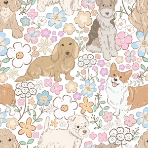May include: A repeating pattern featuring various dog breeds including a long-haired dachshund, a corgi, and a terrier, interspersed with hand-drawn illustrations of flowers in shades of light blue, soft pink, and muted orange on a white background.
