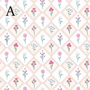 May include: A repeating pattern of pink, blue, and white flowers set in a diamond grid. Each diamond has a cream-colored background with a gold border. The letter "A" is in the upper left corner.