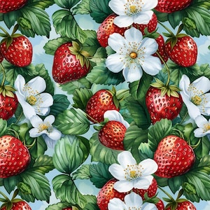 May include: A watercolor pattern featuring ripe red strawberries, white flowers, and green leaves against a light blue background. The design showcases the fruit and floral elements in a repeating arrangement, creating a fresh and vibrant aesthetic.
