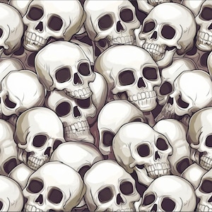May include: A repeating pattern of white skulls with dark eye sockets and nasal cavities. The skulls are layered and overlapping, creating a dense, textured design. The background is a muted, dark color.