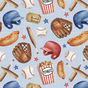 May include: Baseball-themed pattern with baseballs, gloves, helmets, bats, hot dogs, and peanuts on a light blue background. Includes a ticket that says "ADMIT ONE Baseball Stadium".
