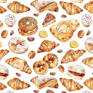 May include: A watercolour illustration of assorted baked goods, such as croissants, doughnuts, bagels, and pastries, against a white backdrop. The image showcases a range of colours, including golden brown, white, and touches of red and yellow.