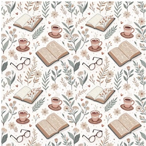 Könnte beinhalten: Ein sich wiederholendes Muster auf weißem Hintergrund mit offenen Büchern, Kaffeetassen auf Untertassen, runden Brillen und verschiedenen botanischen Zweigen mit kleinen Blumen in gedeckten Braun-, Grün- und Rosatönen.