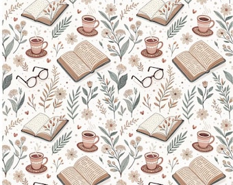Seamless Cozy Book & Coffee Cotton – White Print by the Half Yard for DIY Book Sleeves