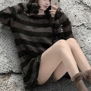 Distressed Striped Grunge Sweater: Punk Gothic Knit Jumper goth alt emo edgy