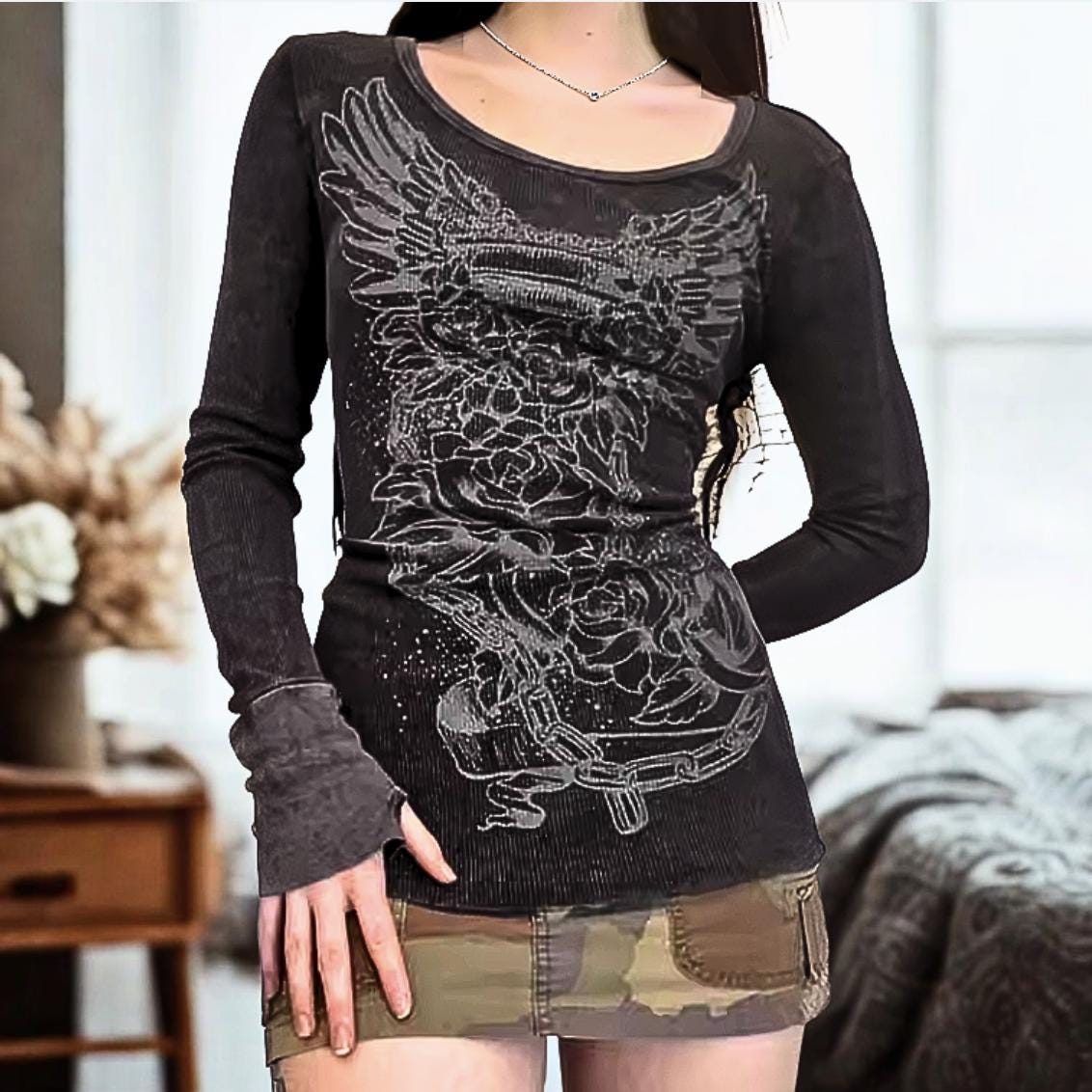 Long Sleeve Grunge Y2k Tops - Etsy