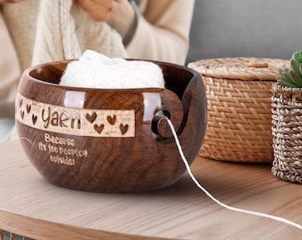 Personalized Wooden  Yarn Bowl – 7x4 Inch Crochet & Knitting Bowl with Laser Engraving – Yarn Holder Gift with Hooks and Velvet Bag