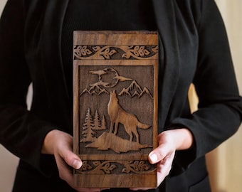 Wolf Engraved Wooden Urns for Human Ashes - Decorative Funeral, Burial Urn for Adult Female & Male - Personalized Wooden Box Casket