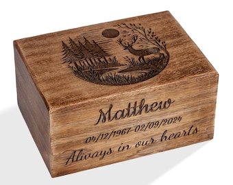 Deer Wooden Urn Box – Rustic Personalized Hunting Memorial Box – Custom Engraved Cremation Urn – Nature Lover Tribute Gift