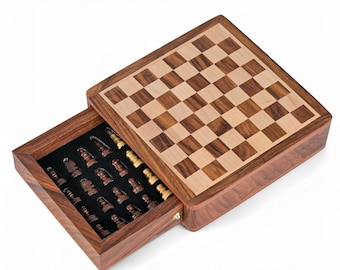 Personalized Wooden Magnetic Chess Set - Sliding Portable Travel Chess Board - Christmas Gift, Birthday Gift for Kids - 6" & 8" Chess Board