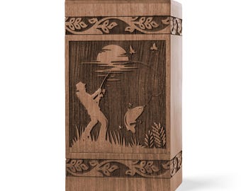 Fishing Urns for Human Ashes - Decorative Wooden Funeral, Burial Urn for Adult Female & Male - Urn for Loved Ones - Gone Fishing Urn
