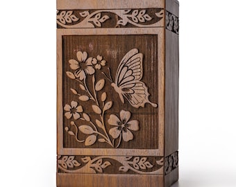 Butterfly Wooden Cremation Urns for Human Ashes - Decorative Funeral, Burial Urn for Adult Female & Male - Wood Urn for Loved Ones