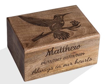 Hummingbird Urn Box – Personalized Wooden Memorial Urn for Ashes – Custom Engraved Floral Tribute Keepsake – Sympathy Gift - Wooden Casket
