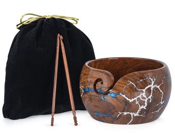 Personalized Wooden Yarn Bowl – Thunderstorm Resin Inlay Crochet Bowl – 7x4 Inch Wood Yarn Holder for Knitting – Gift for Mom or Christmas