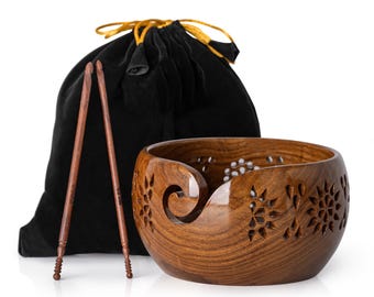 Large Wooden Yarn Bowl for Knitting & Crochet with Carved Design – Crochet Bowl with Hooks – Personalized Gift for Mom or Christmas