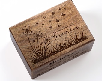 Personalized Wooden Urn - Dandelions Engraved Memorial Ash Box for Human or Pet - Dog/Cat remembrance Box