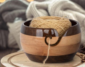 Personalized Wood Yarn Bowl – Multi Pattern Yarn Bowl – 7x4 Inch Crochet & Knitting Bowl with 5, 6 mm hooks – Yarn Holder Gift for Mom